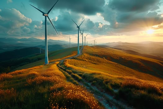 Wind power plant and technology. Smart grid. Renewable energy. Sustainable resources.