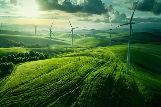 Wind power plant and technology. Smart grid. Renewable energy. Sustainable resources.