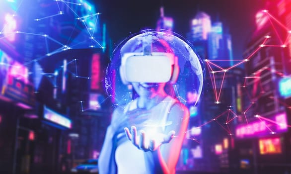 Female standing in virtual cyberpunk style building wear VR headset connecting metaverse, future cyberspace community technology, Her left hand hold 3d hologram of globe while smiling. Hallucination.