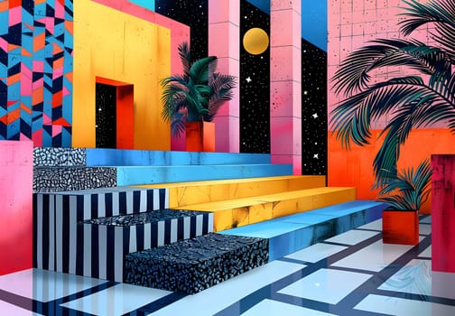 A vibrant room with colorful decoration including a palm tree in a flowerpot. The stairs lead up to a leisure area with a magenta and electric blue facade