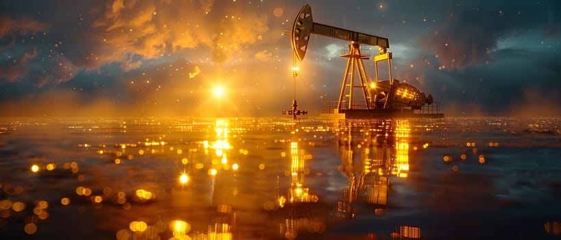 An oil pump is bathed in amber light as the sun rises over the ocean, illuminating the water and creating a picturesque natural landscape at dawn