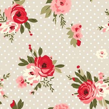 Seamless pattern, tileable floral country holiday print with roses, dots and flowers for wallpaper, wrapping paper, scrapbook, fabric and polka dot roses product design idea