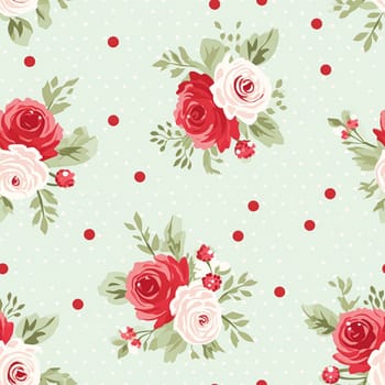 Seamless pattern, tileable floral country holiday print with roses, dots and flowers for wallpaper, wrapping paper, scrapbook, fabric and polka dot roses product design idea