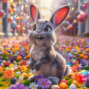 A rabbit is nestled among colorful flowers and Easter eggs in a picturesque field. The fluffy vertebrate with a twitching snout enjoys the beautiful spring event
