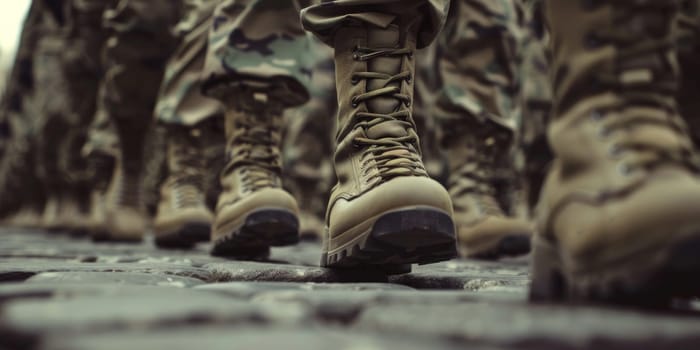 A group of soldiers are marching in a line. The boots are brown and the pants are green