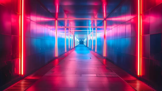 A visually stunning tunnel with neon lights in hues of electric blue, magenta, and purple creating a symmetrical and colorful visual effect. The futuristic technology enhances the overall ambiance