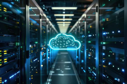 A computer server room with a cloud symbol.
