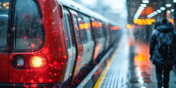 A red train with its doors open and a person walking in the rain. The train is wet and the person is wearing a backpack