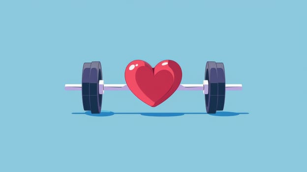 A red heart is positioned on top of a barbell, symbolizing a blend of love and strength. The juxtaposition of the delicate heart and the sturdy barbell creates a unique and powerful image.