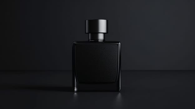 Black perfume bottle on a dark background.