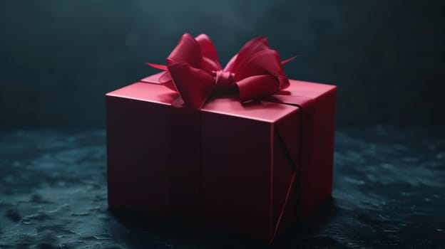 Red gift box with ribbon on dark background.