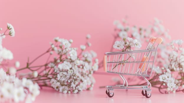 Miniature shopping cart with spring flowers on a pink background.