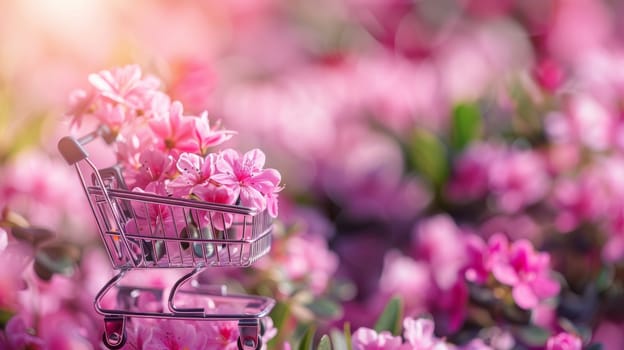Shopping cart filled with pink flowers.