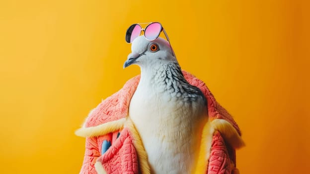 Pigeon dressed in a bathrobe and sunglasses.