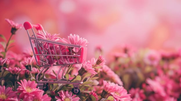 Shopping cart filled with flowers against a blurred pink background.