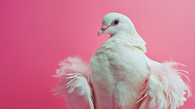 Portrait of a white pigeon against a pink background.