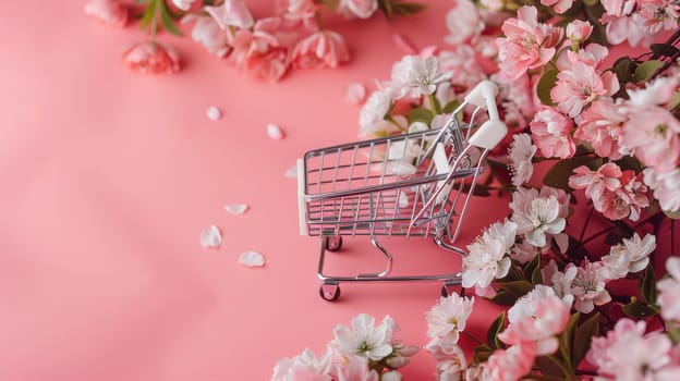 Mini shopping cart surrounded by spring flowers on pink background.