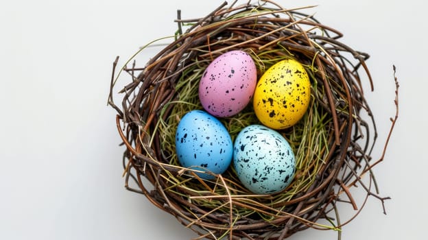 Colorful Easter eggs in a nest, top view, isolated on white background.
