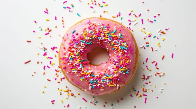 Pink Donut with Sprinkles on White Background.