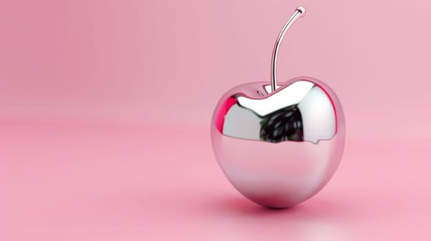 Shiny chrome cherry sculpture on pink background.