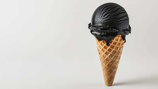 Black ice cream in waffles cone on white background.