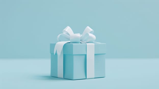 Blue Gift Box With White Bow on Blue Background.