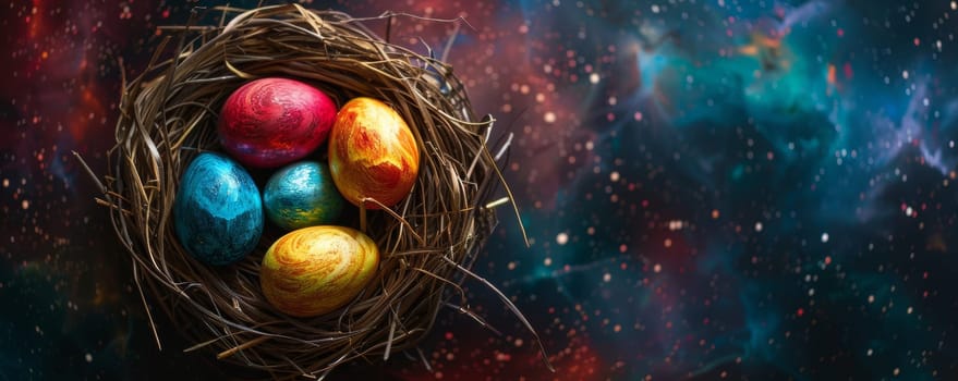 Colorful easter eggs in a nest with cosmic background.