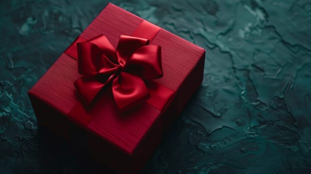 Red gift box with a satin bow on a textured background.