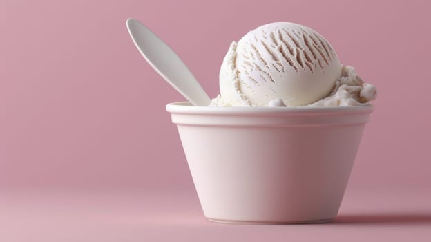 Vanilla ice cream scoop in cup with spoon.