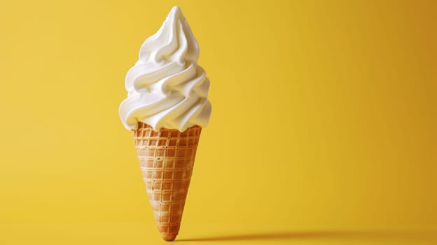 A delicious ice cream cone sits on a vibrant yellow background. The cone is filled with creamy vanilla ice cream, topped with colorful sprinkles. The vibrant yellow background enhances the cheerful and summery vibe of the treat.