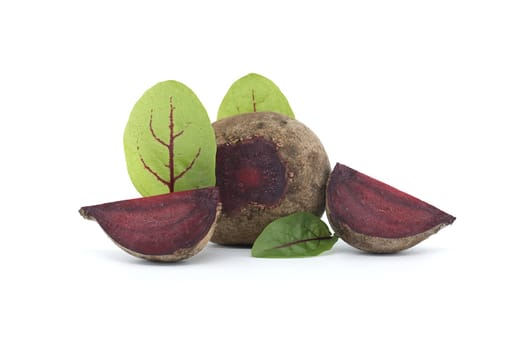 Slices of beetroot, revealing their vibrant purple interiors, are neatly arranged beside whole beetroot vegetables, complete with their fresh green leaves, all set against an isolated white background