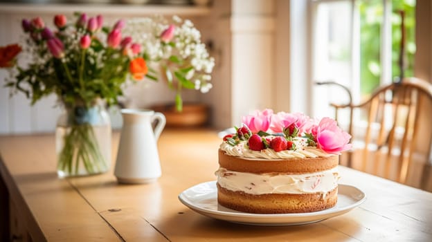 Homemade birthday cake in the English countryside house, cottage kitchen food and holiday baking recipe inspiration