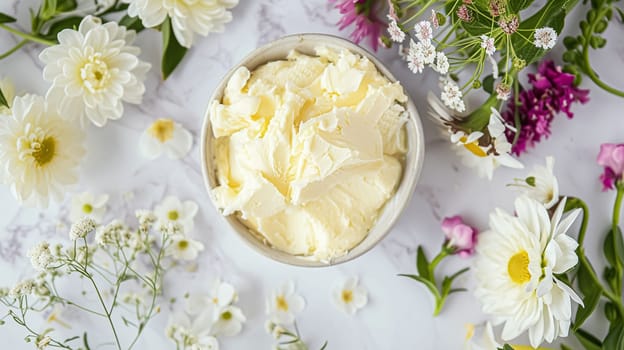 Creamy homemade butter in bowl, traditional food and country life