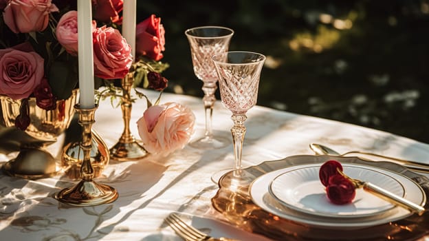 Wedding and event celebration tablescape with flowers, formal dinner table setting with roses and wine, elegant floral table decor for dinner party and holiday decoration, home styling idea