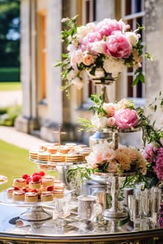 Dessert buffet with peony flowers, catering for wedding, party and holiday celebration, cakes and desserts in a countryside garden, post-processed, generative ai