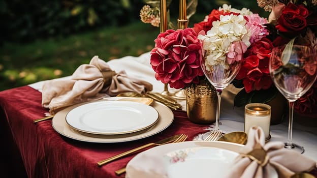 Wedding or formal dinner holiday celebration tablescape with hydrangea flowers in the English countryside garden, table setting and wine, floral table decor for family dinner party, home styling inspiration