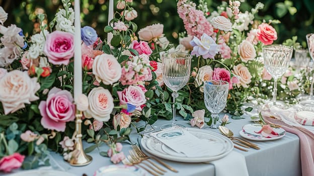 Beautifully set table for a garden party, adorned tablescape with vibrant floral arrangements, under the shade of blossoming rose bushes, inviting a sense of elegance and natural charm