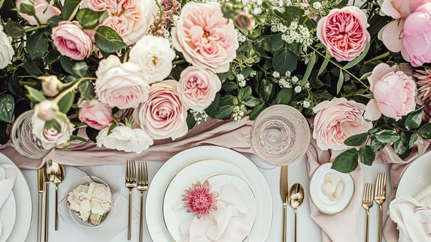 Beautifully set table for a garden party, adorned tablescape with vibrant floral arrangements, under the shade of blossoming rose bushes, inviting a sense of elegance and natural charm