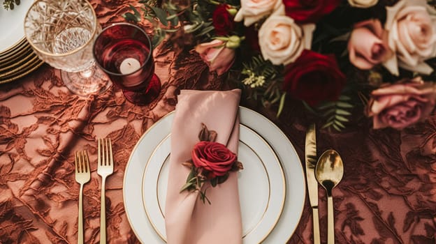 Wedding and event celebration tablescape with flowers, formal dinner table setting with roses and wine, elegant floral table decor for dinner party and holiday decoration, home styling idea