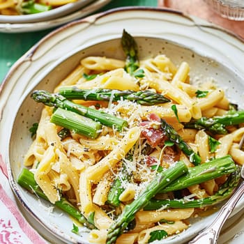 Pasta with asparagus, bacon and parmesan cheese
