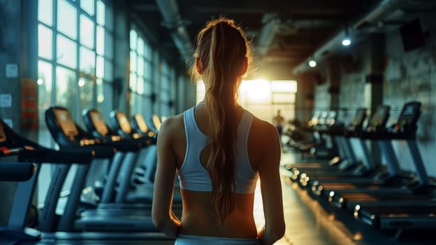 A woman with long hair is standing in a gym.ai generative.