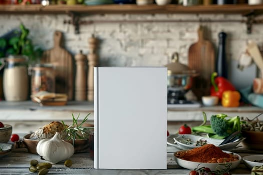 a white book for mockup on Different ingredients in kitchen background .Generative ai ,.