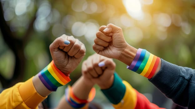 LGBT Pride Parade participants doing fist pumping, celebrating LGBTQ festival . AI generative.