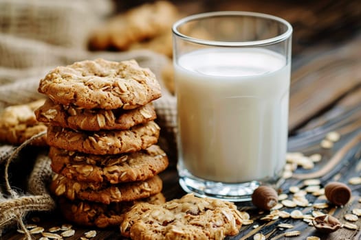 on top wooden table, Freshly baked oatmeal cookies with a glass of milk, healthy food photography concept --ar 3:2 Job ID: 66f43e84-d6f2-46ca-a3fe-6a027ec68bb7