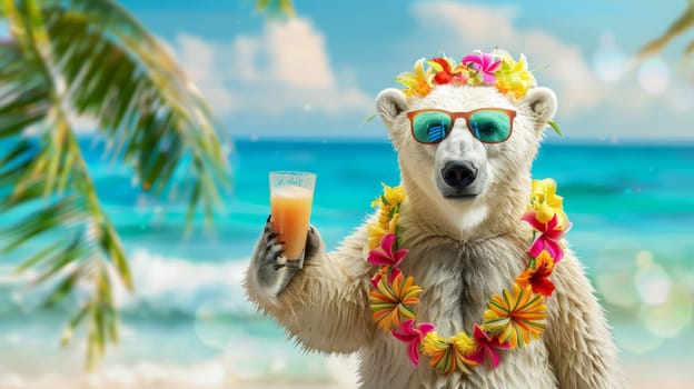 on beach, polar bear character with fresh cold drink in tropical summer vacation, Generative AI.