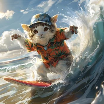 A cat is joyfully surfing a wave under the sunny sky, creating a whimsical illustration of water recreation. The painting captures a happy moment of wind, cloud, and art