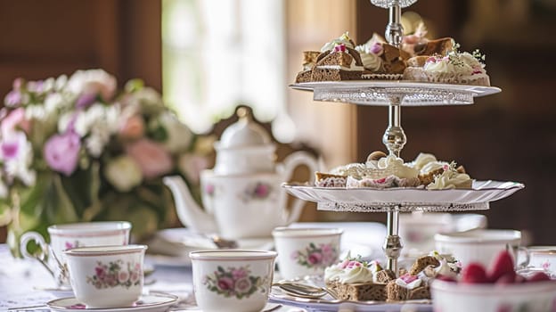 Elegant table setting for tea party with cakes and cupcakes in English manor. Selective focus. Vintage style