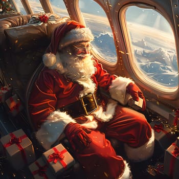Santa Claus is onboard an aircraft, his white beard blending with the clouds as he travels to his next holiday event surrounded by presents