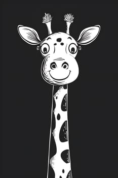 A black and white drawing of a Giraffidae organism, showcasing the distinctive long neck and head of a Giraffe. The artwork features a fawn Giraffe on a black background