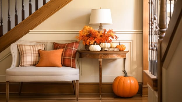 Autumnal hallway decor, interior design and house decoration, welcoming autumn entryway furniture, stairway and entrance hall home decor in an English country house and cottage style idea